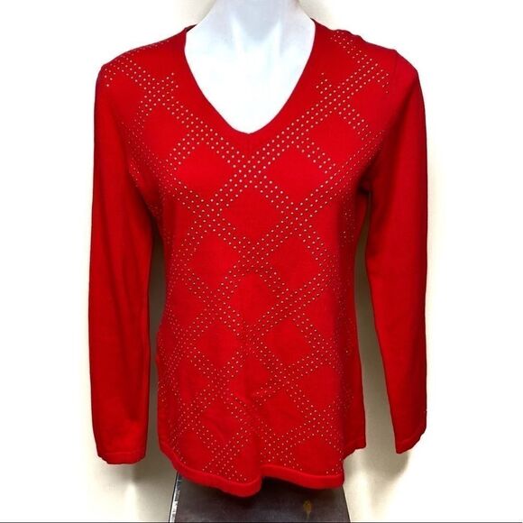 Tommy Hilfiger red and gold studded v-neck sweater size M - Picture 1 of 16